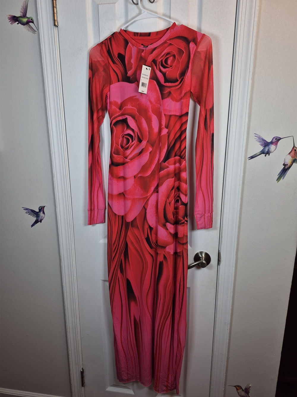 AFRM Didi Mesh Maxi Dress S NWT Pink Red Rose Print Floral Long Sleeve Bodycon - Picture 1 of 7